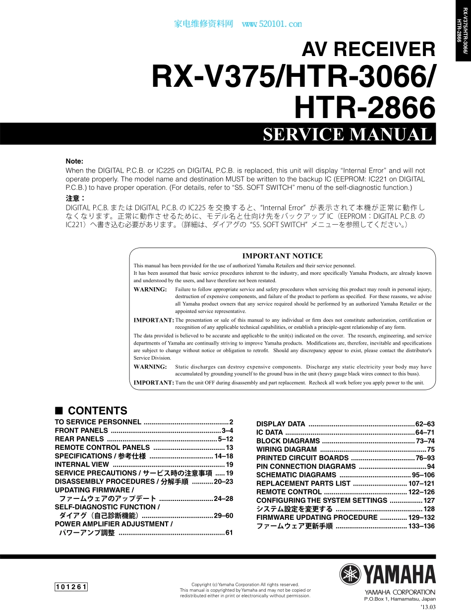 雅马哈HTR-2866功放维修手册.pdf_第1页