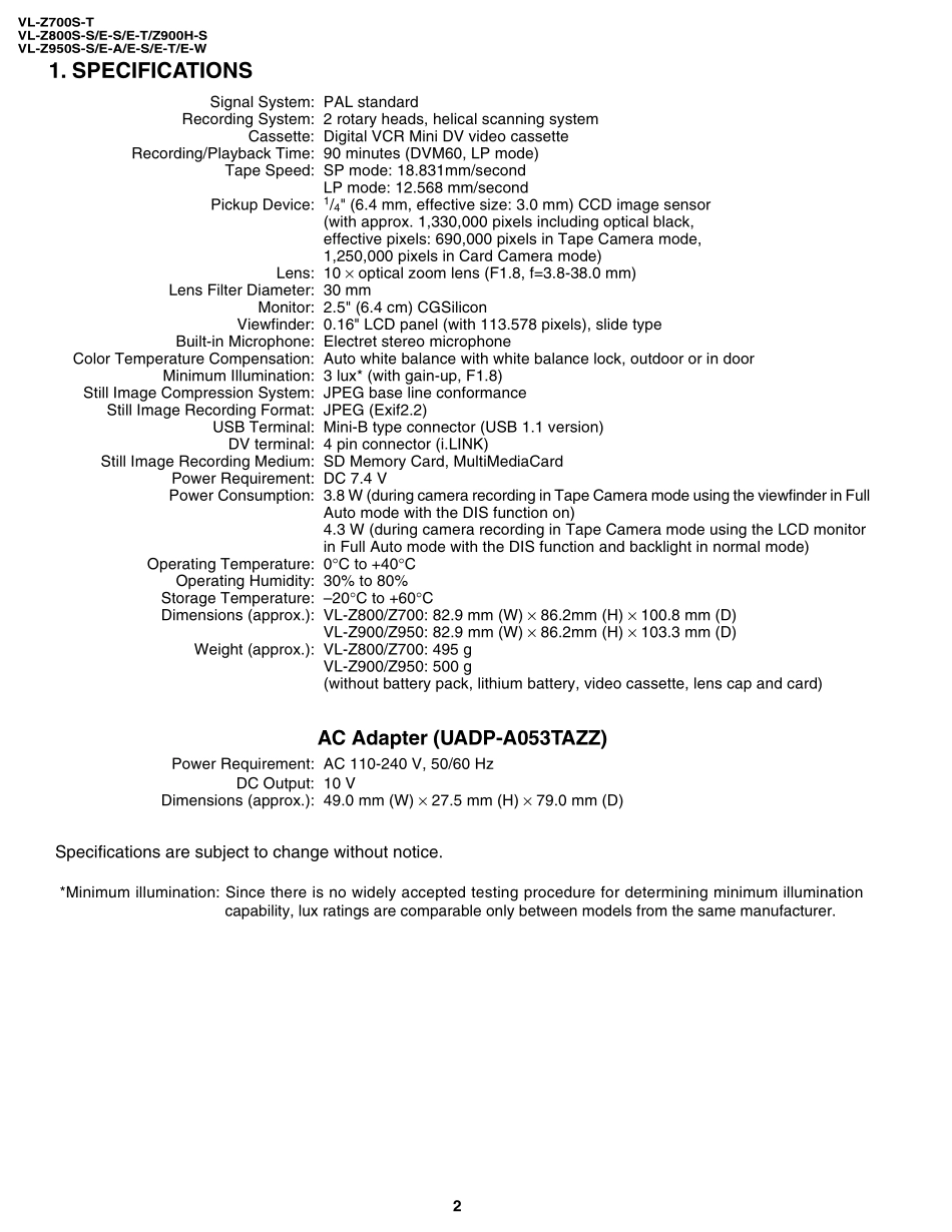 夏普VL-Z900数码摄像机维修手册和图纸_SHARP_VL-Z700.pdf_第2页