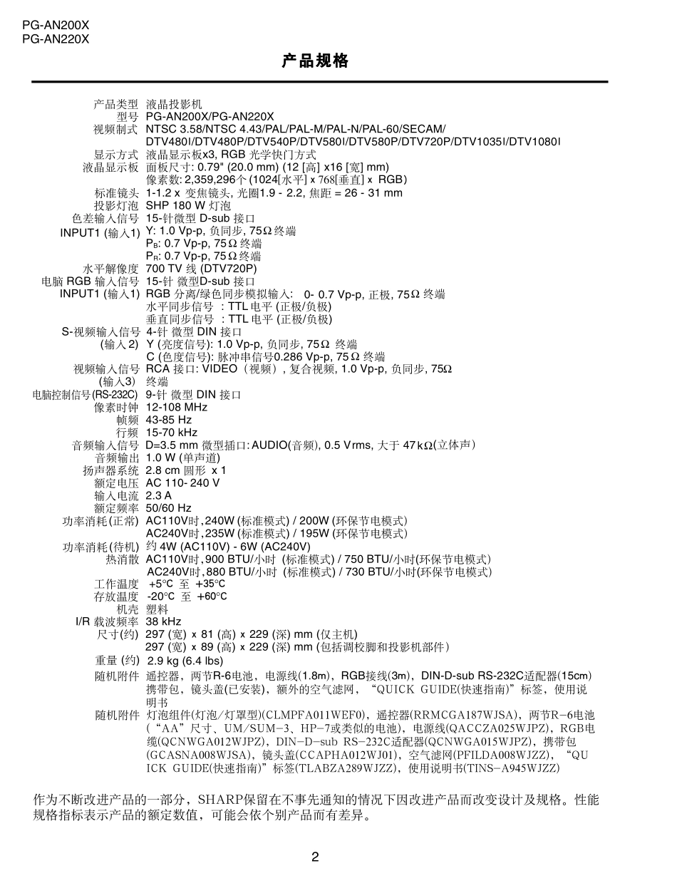 夏普PG-AN220X液晶投影机维修手册_PG-AN200X.pdf_第2页