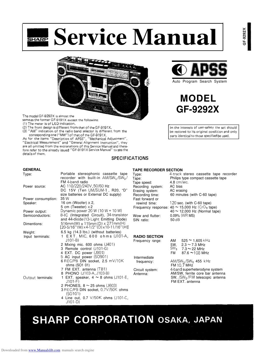 夏普GF-9292X收录机维修手册.pdf_第1页