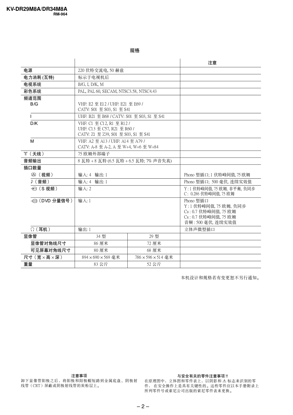 索尼KV-DR34M8A彩电维修手册和原理图_索尼KV-DR29M8A.pdf_第2页