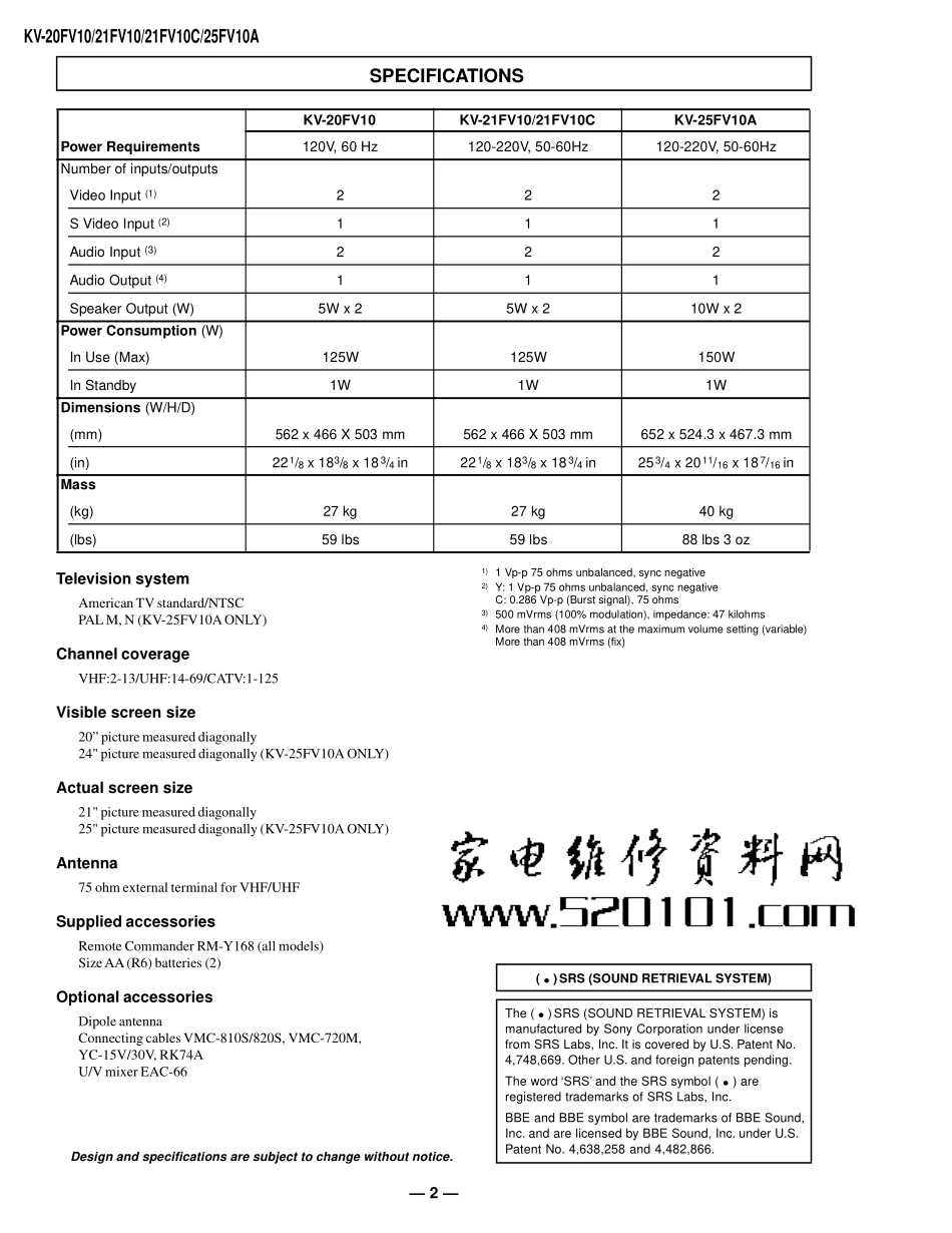 索尼KV-25FV10A彩电维修手册和原理图_索尼KV-21FV10.pdf_第2页