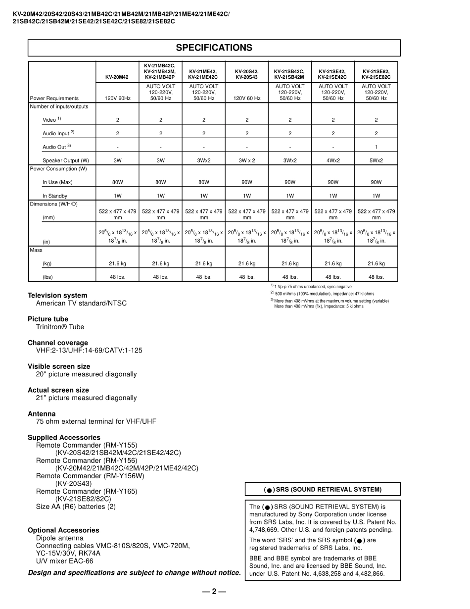 索尼KV-21MB42P彩电维修手册和原理图_索尼KV-20M42彩电.pdf_第2页