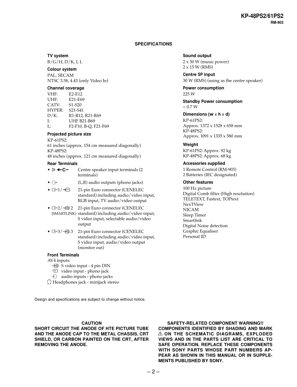 索尼KP-48PS2背投电视维修手册和原理图.pdf_第2页