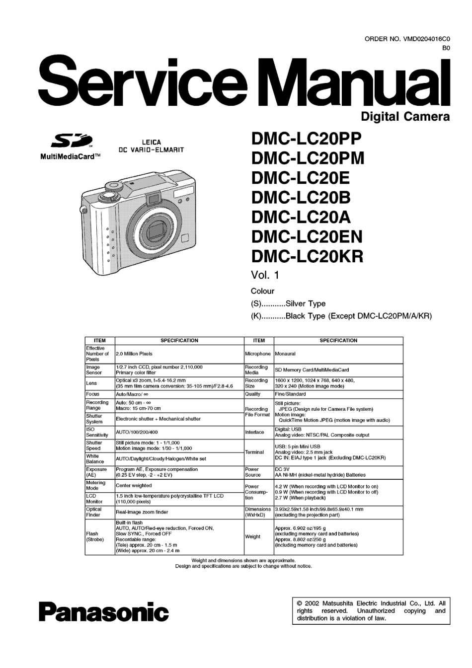 松下DMC-LC20数码相机维修手册_PANASONIC_DMC-LC20.pdf_第1页