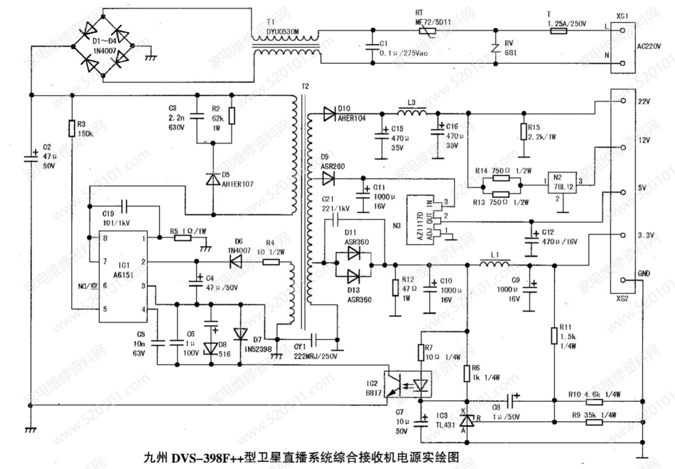 九州DVS-398++型卫星直播系统综合接收机电源电路图.pdf_第1页