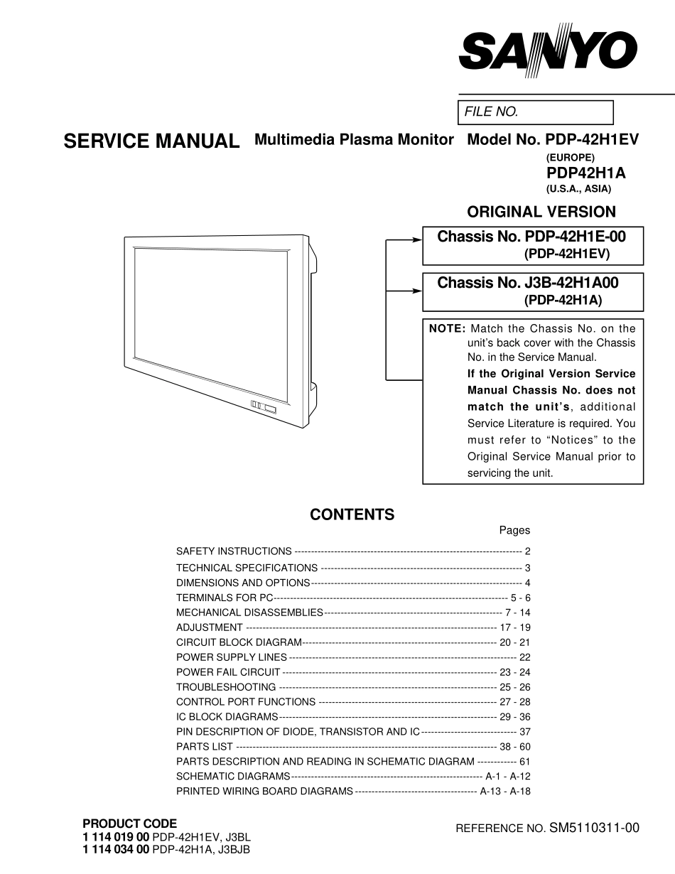 三洋PDP-42H1A等离子电视维修手册_PDP-42H1EV.pdf_第1页