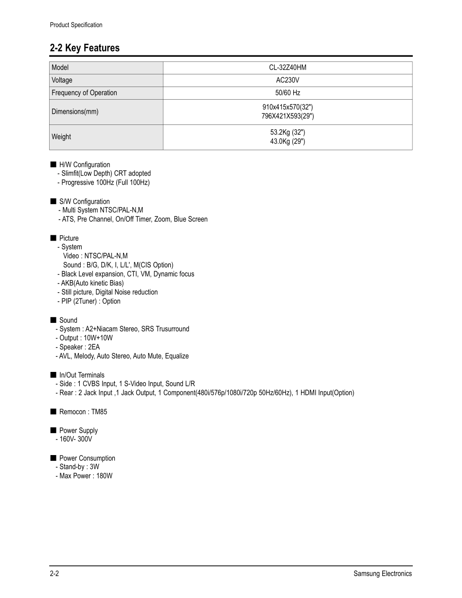 SAMSUNG CL32Z40HM Chasís K65A_Product Specification.pdf_第2页