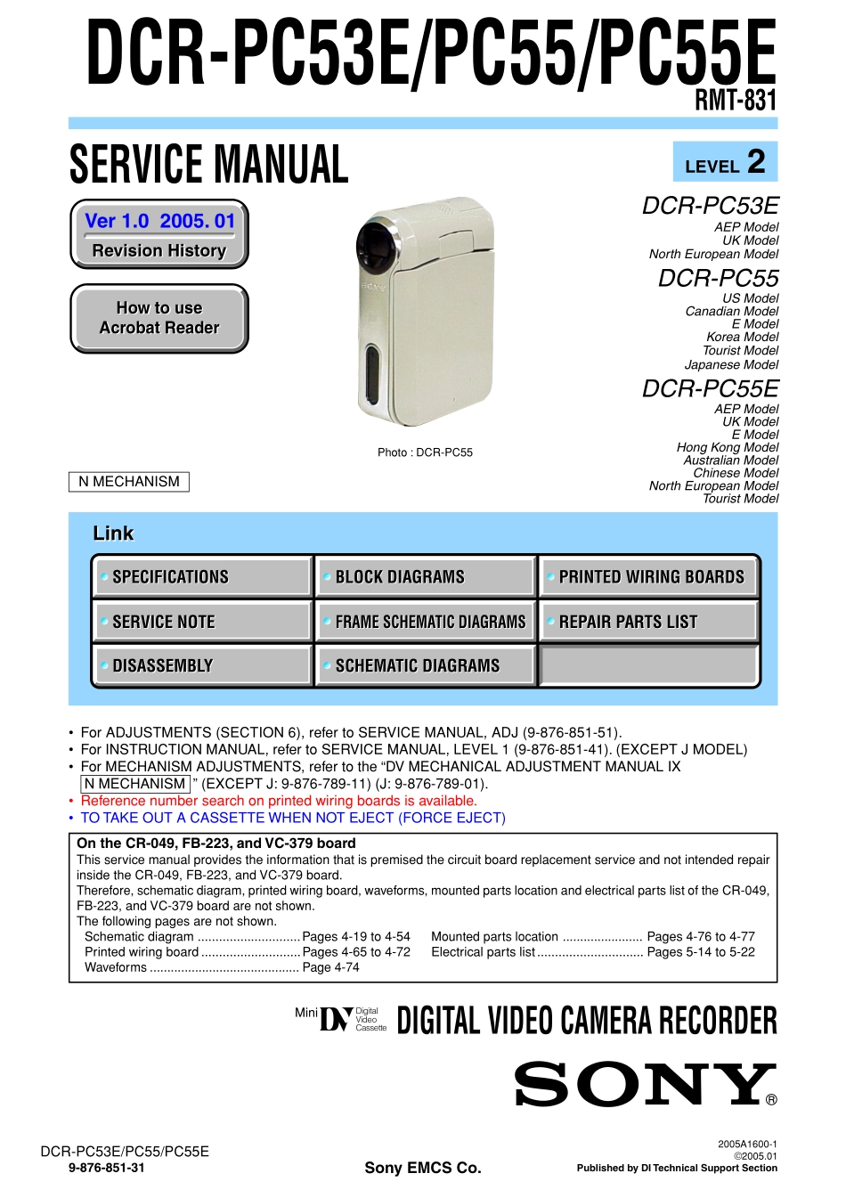 索尼DCR-PC55摄像机维修手册_SONY_DCR-PC53E.pdf_第1页