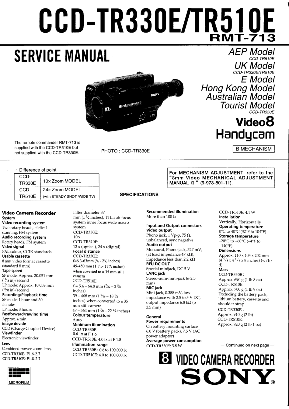 索尼CCD-TR330E摄像机维修手册和图纸_SONY_CCD-TR330E.pdf_第1页