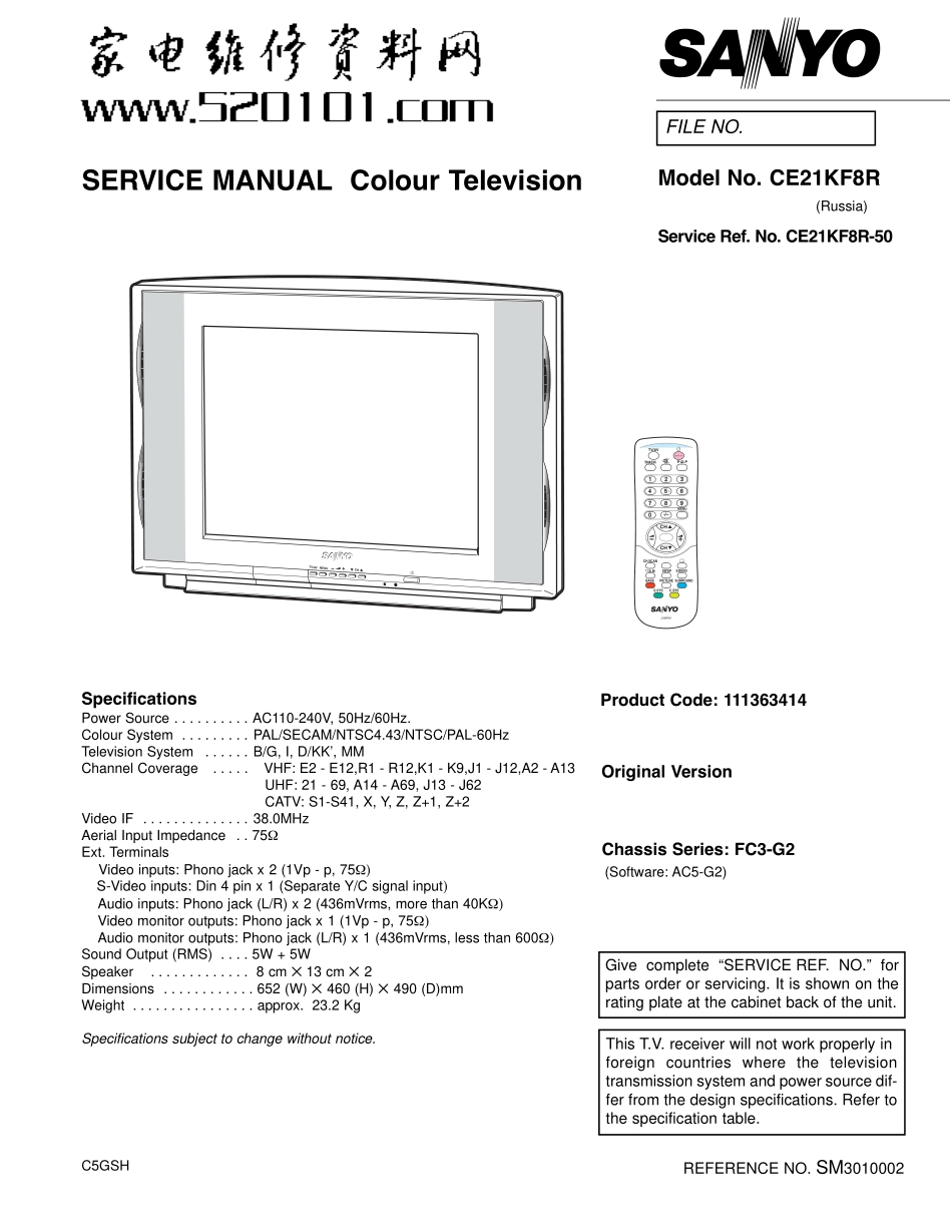 三洋CE21KF8R-FC3-G2彩电原理图_三洋CE21KF8R-FC3-G2.pdf_第1页