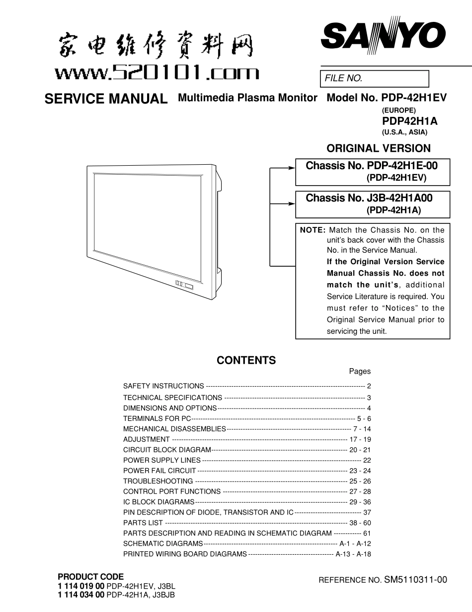 三洋42H1A等离子电视维修手册_三洋PDP-42H1A电视机图纸.pdf_第1页