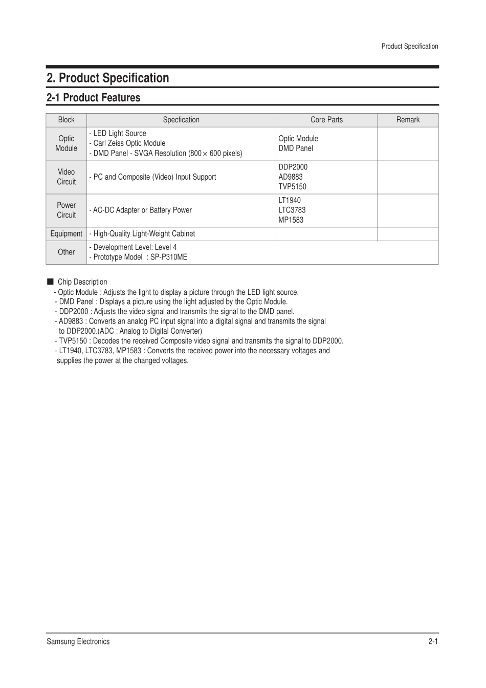 三星SP-P310ME DLP投影机线路原理图_02_Product_Specification.pdf_第1页