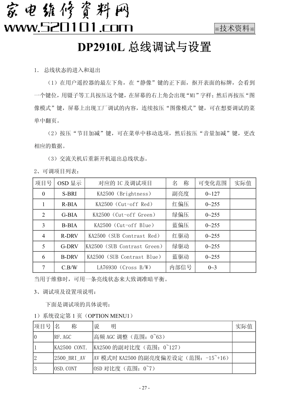 海信DP2901L彩电调试技术手册_海信DP2901L彩电调试说明.pdf_第1页