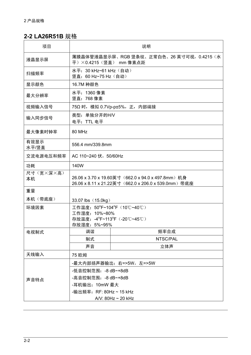 三星LA23R51B液晶彩电维修手册和原理图_03_Product Specification.pdf_第2页