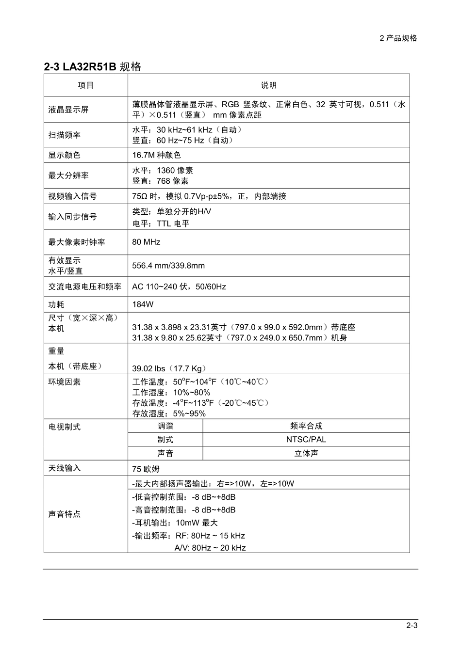 三星LA23R51B液晶彩电维修手册和原理图_03_Product Specification.pdf_第3页