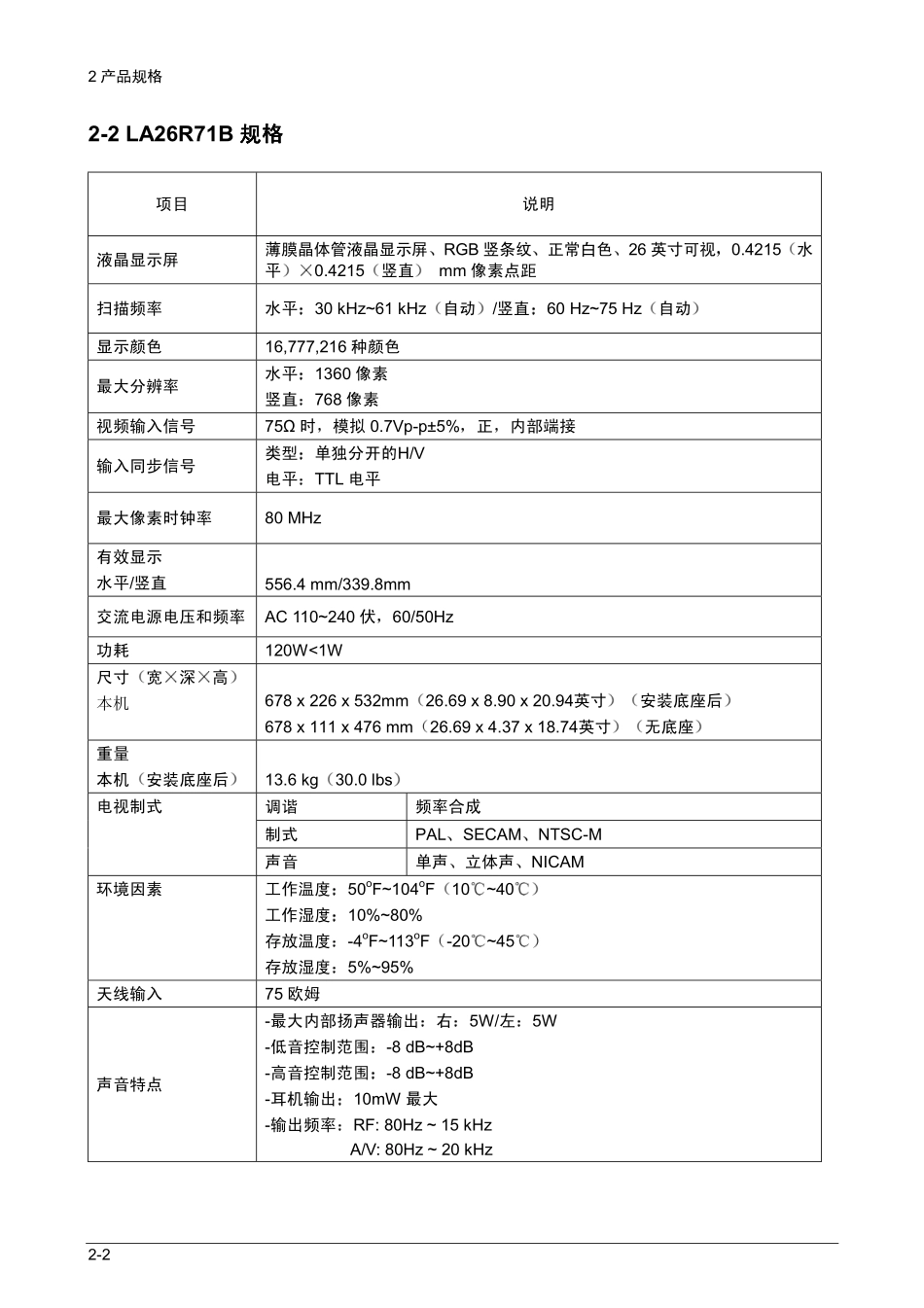 三星LA40R71B液晶电视原理图_04_Product Specification.pdf_第2页