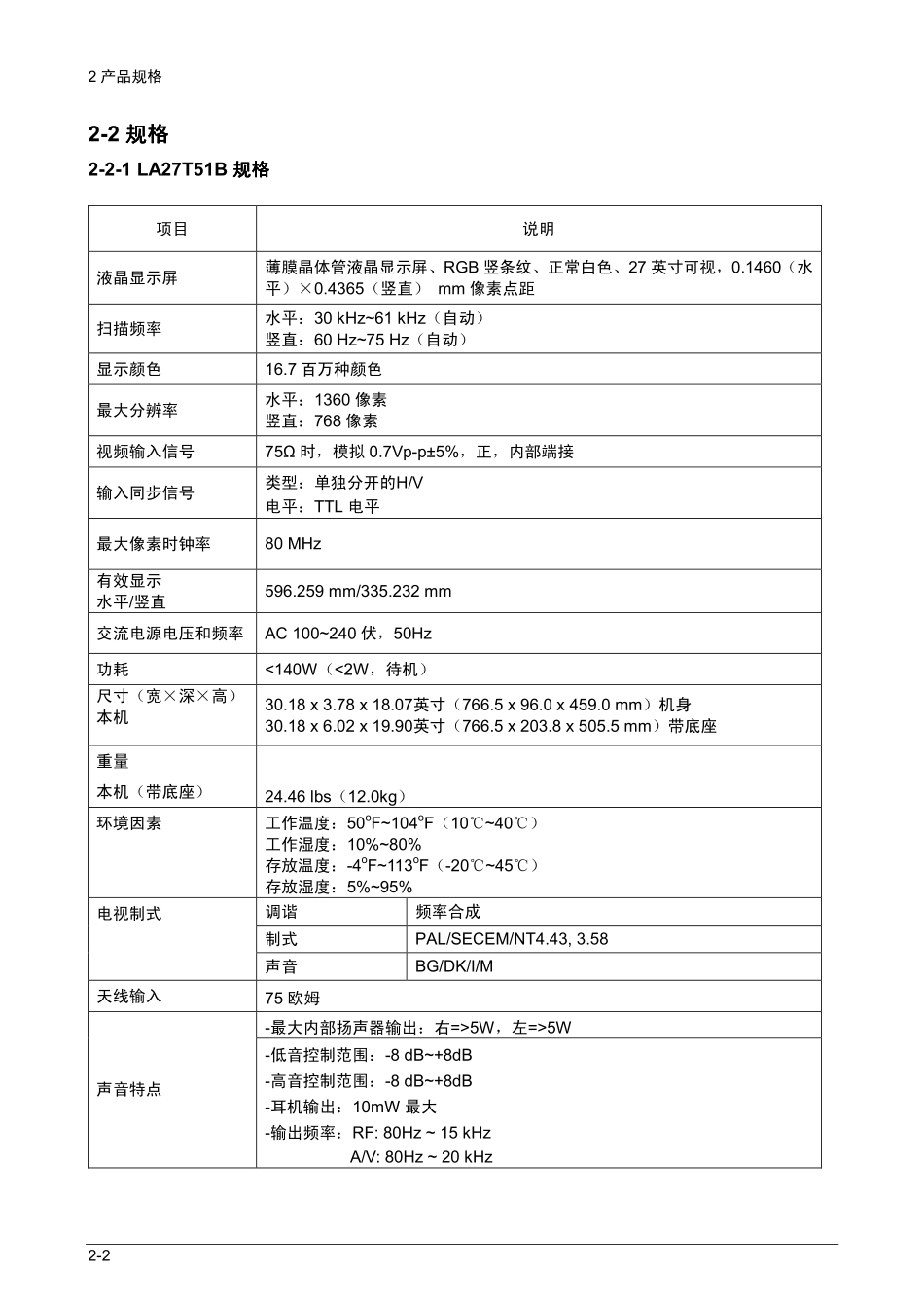 三星LA32T51B液晶彩电图纸_04_Product Specification-.pdf_第2页