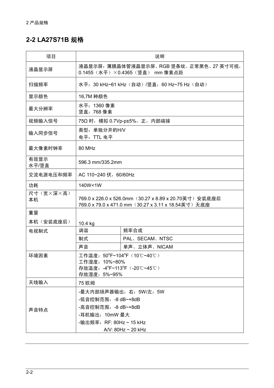 三星LA32S71B1XXTT维修手册_04_Product Specification.pdf_第2页