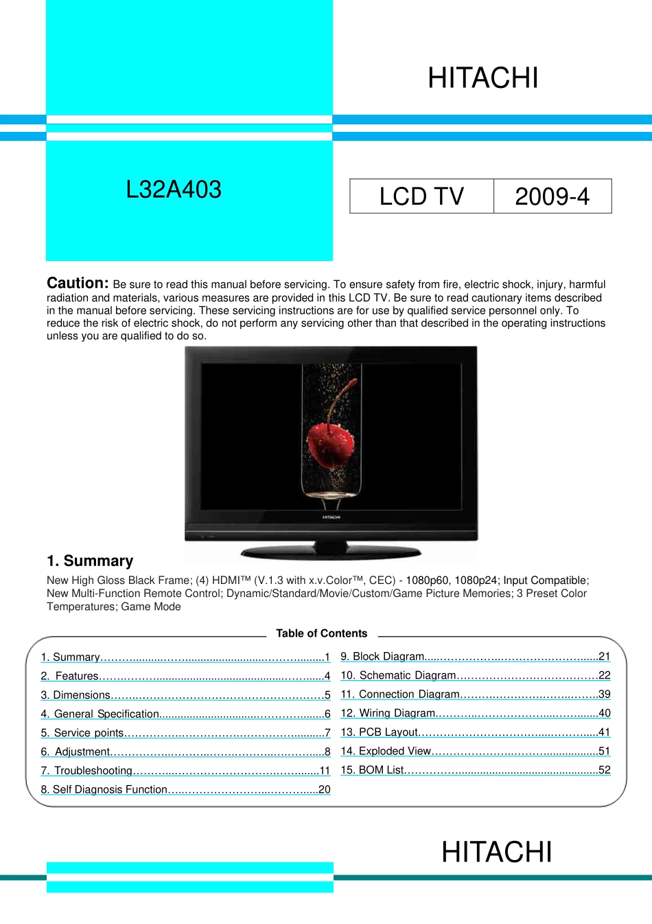 日立L42A403液晶电视维修手册和图纸_L32A403.pdf_第1页