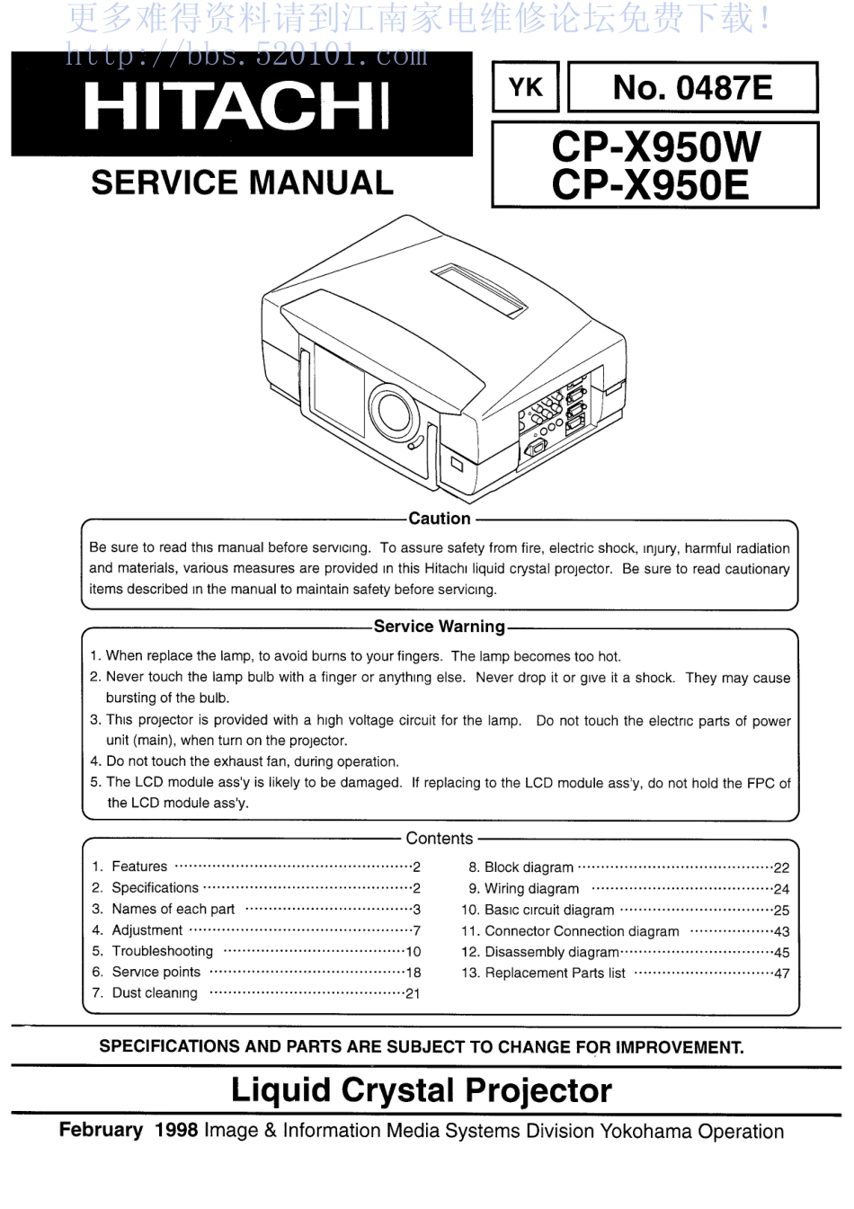 日立CP-X950E投影机维修手册_HITACHI_CP-X950W.pdf_第1页