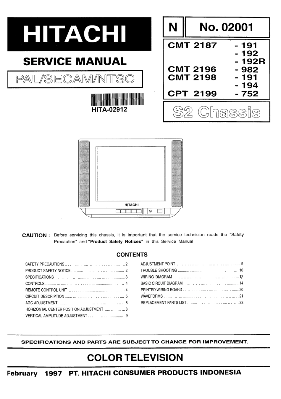 日立CMT2199彩电维修手册和原理图_日立CMT2187电视机图纸.pdf_第1页