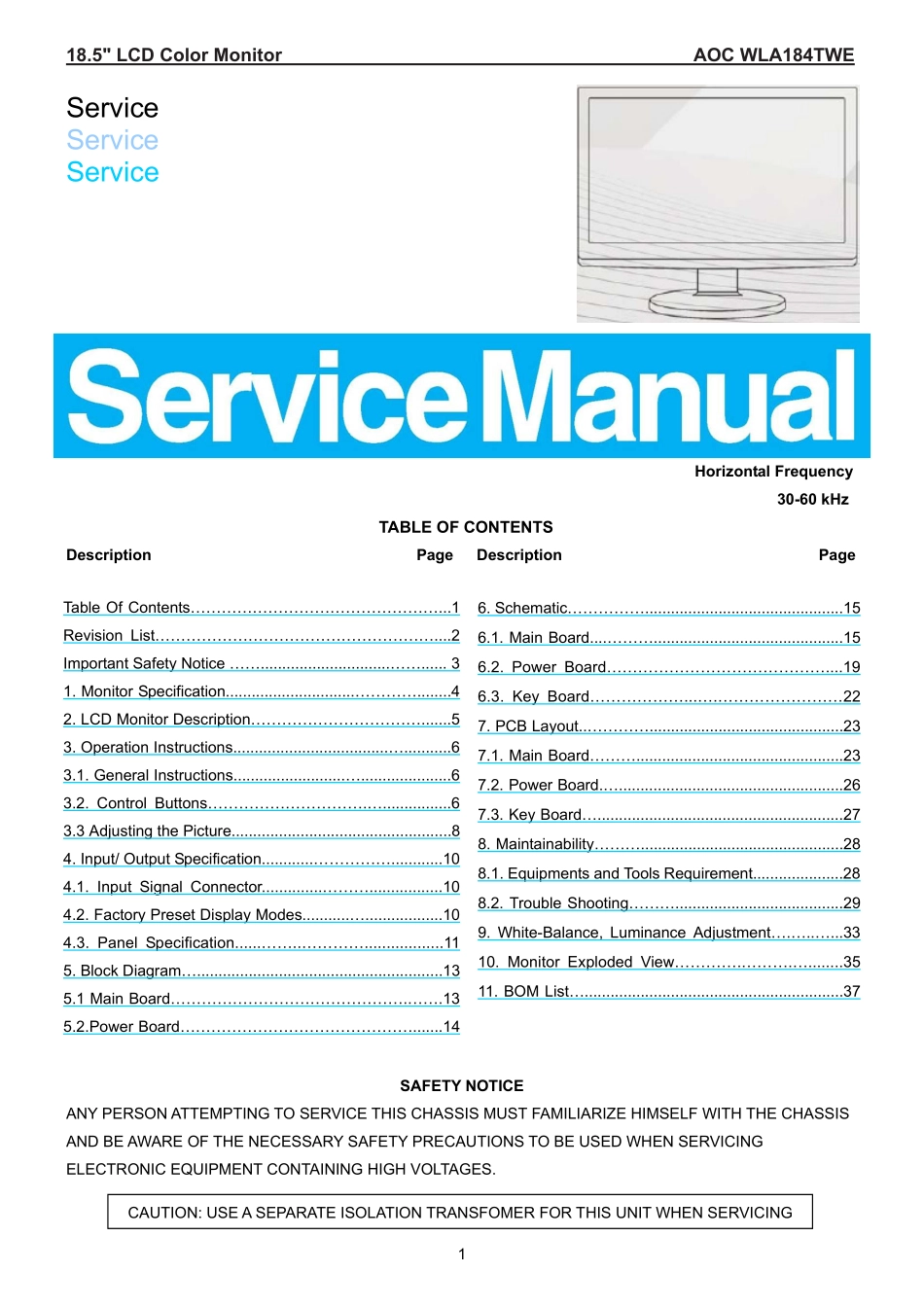 AOC冠捷WLA184TWE液晶显示器维修手册_WLA184TWE.pdf_第1页