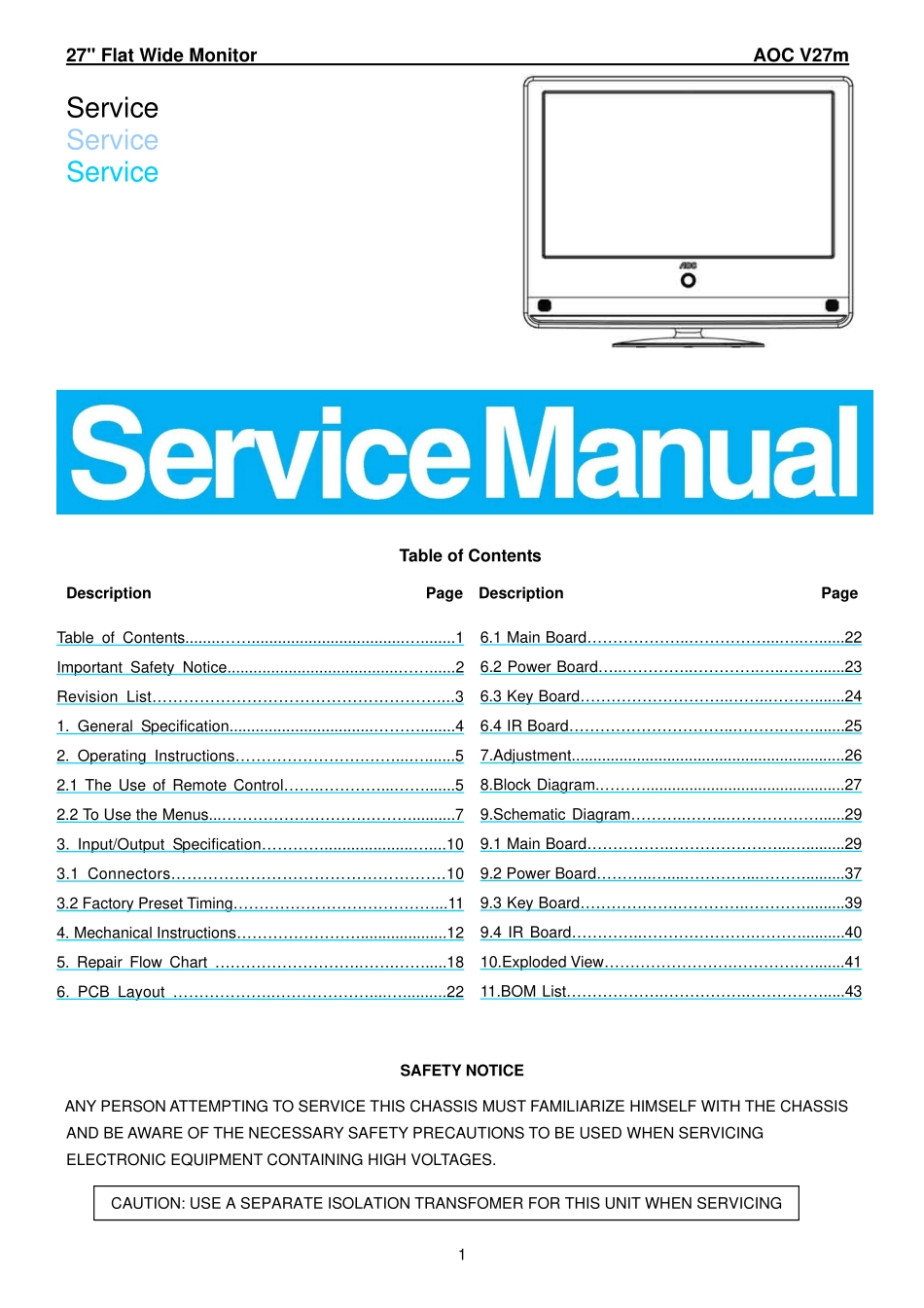 AOC冠捷V27m液晶显示器维修手册_V27m.pdf_第1页