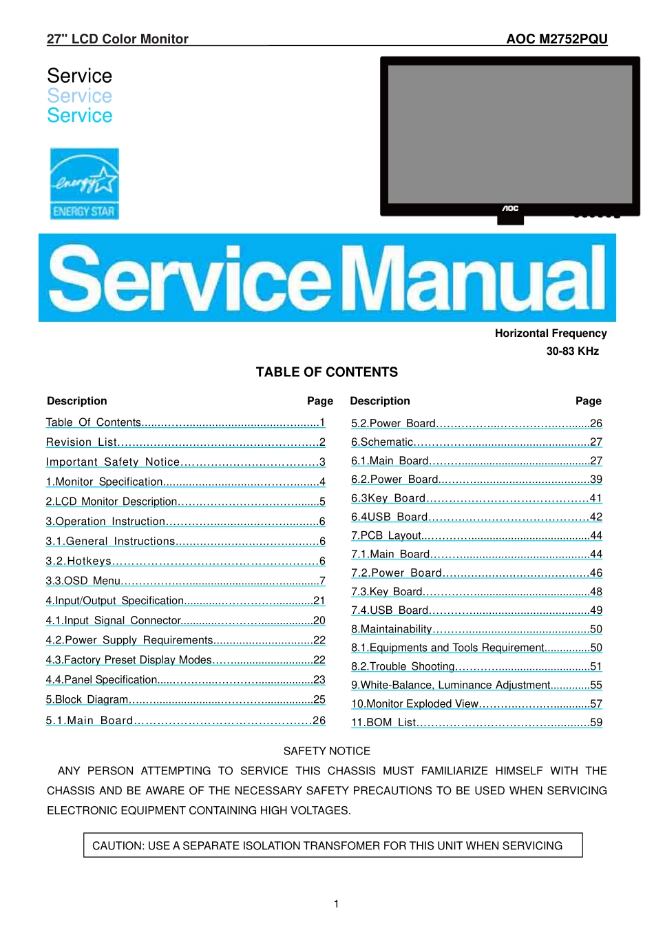 AOC冠捷M2752PQU液晶显示器维修手册_M2752PQU.pdf_第1页