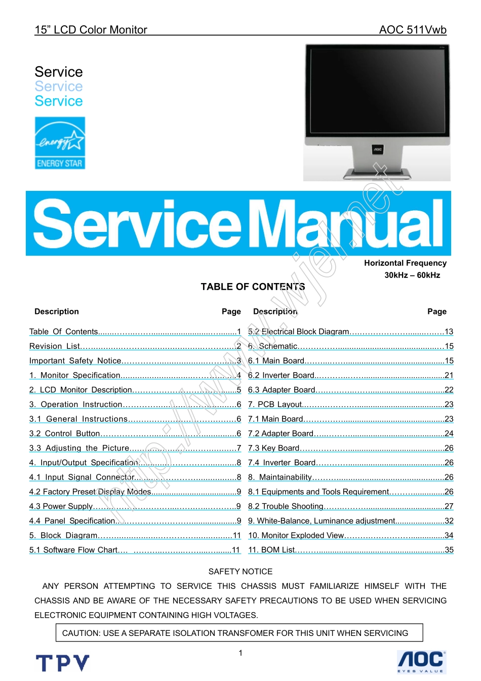 AOC 511VWB液晶显示器维修手册_AOC_511VWB.pdf_第1页