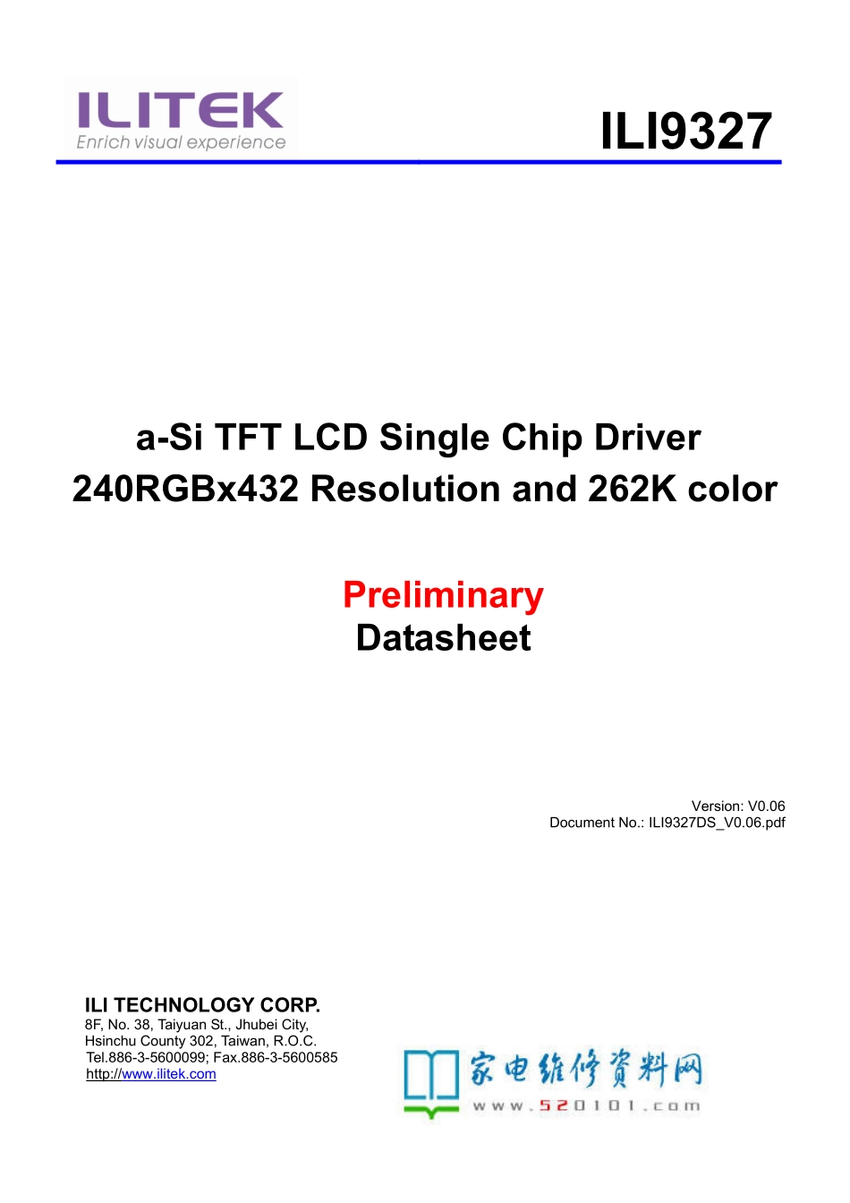 TFT LCD驱动芯片ILI9327说明手册.pdf_第1页