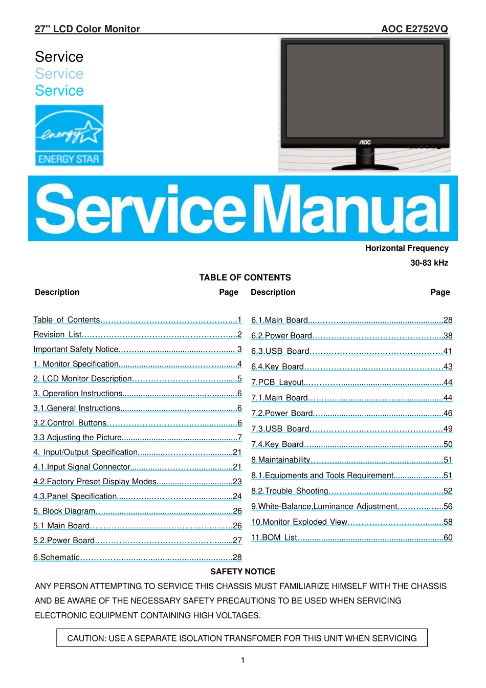 AOC冠捷E2752VQ液晶显示器维修手册_E2752VQ.pdf_第1页