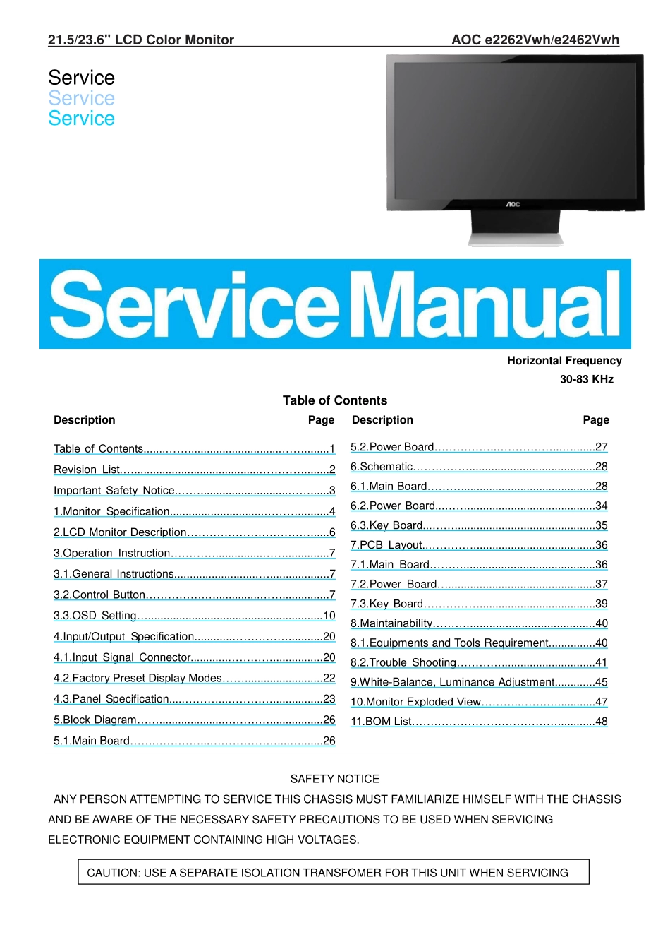 AOC冠捷e2462Vwh液晶显示器维修手册_AOC_e2462Vwh.pdf_第1页