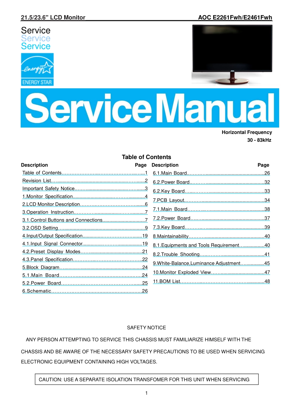 AOC冠捷E2461Fwh液晶显示器维修手册_E2461Fwh.pdf_第1页