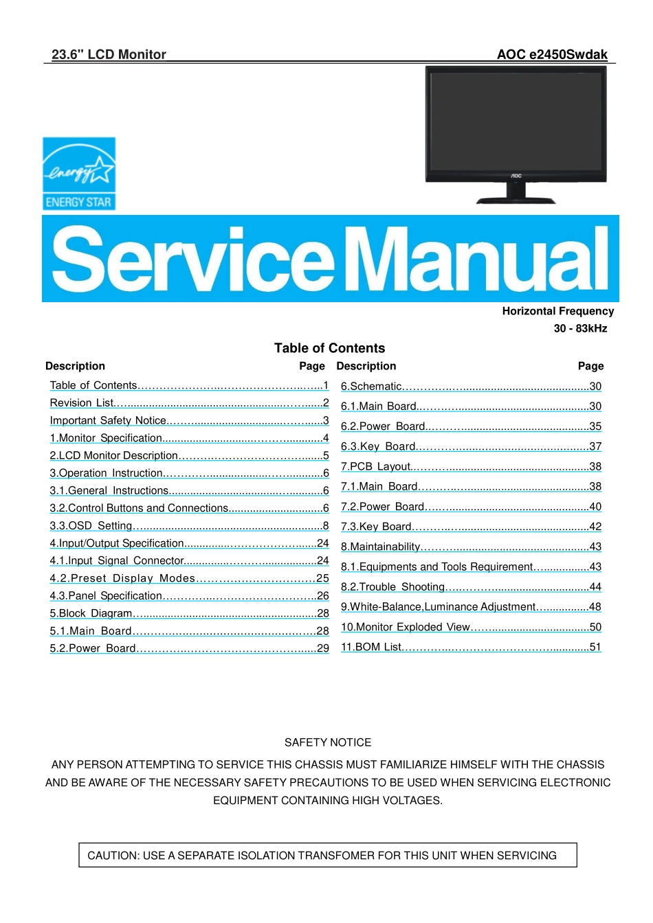 AOC冠捷e2450Swdak液晶显示器维修手册_e2450Swdak.pdf_第1页