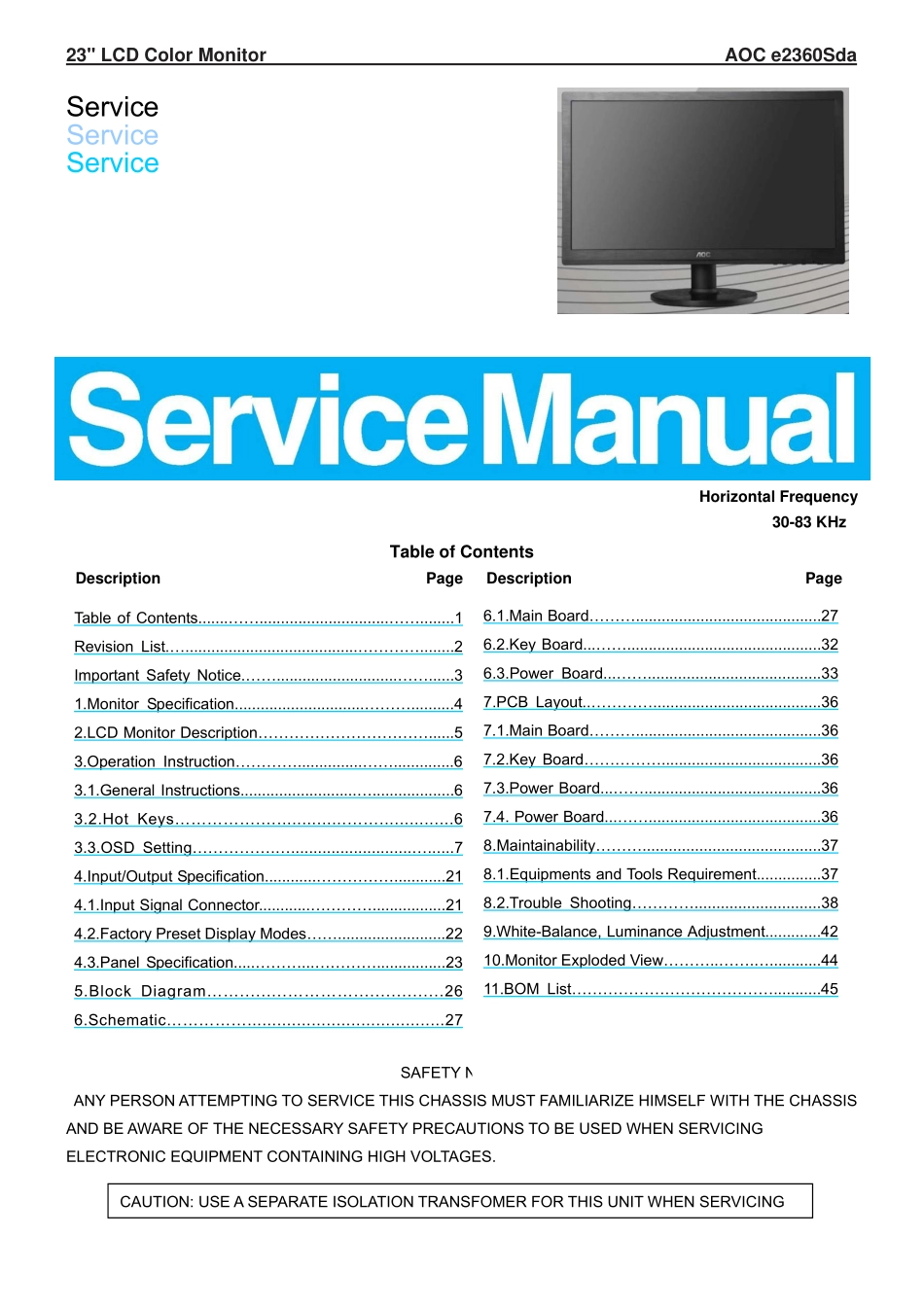 AOC冠捷e2360Sda液晶显示器维修手册_e2360Sda.pdf_第1页