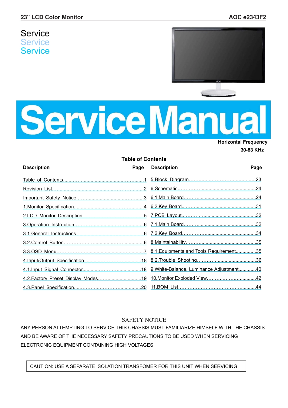 AOC冠捷e2343F2液晶显示器维修手册_e2343F2.pdf_第1页