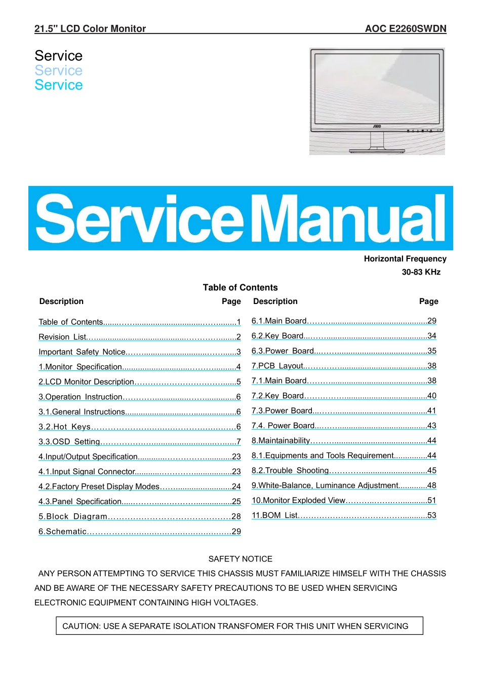 AOC冠捷E2260SWDN液晶显示器维修手册_AOC_E2260SWDN.pdf_第1页