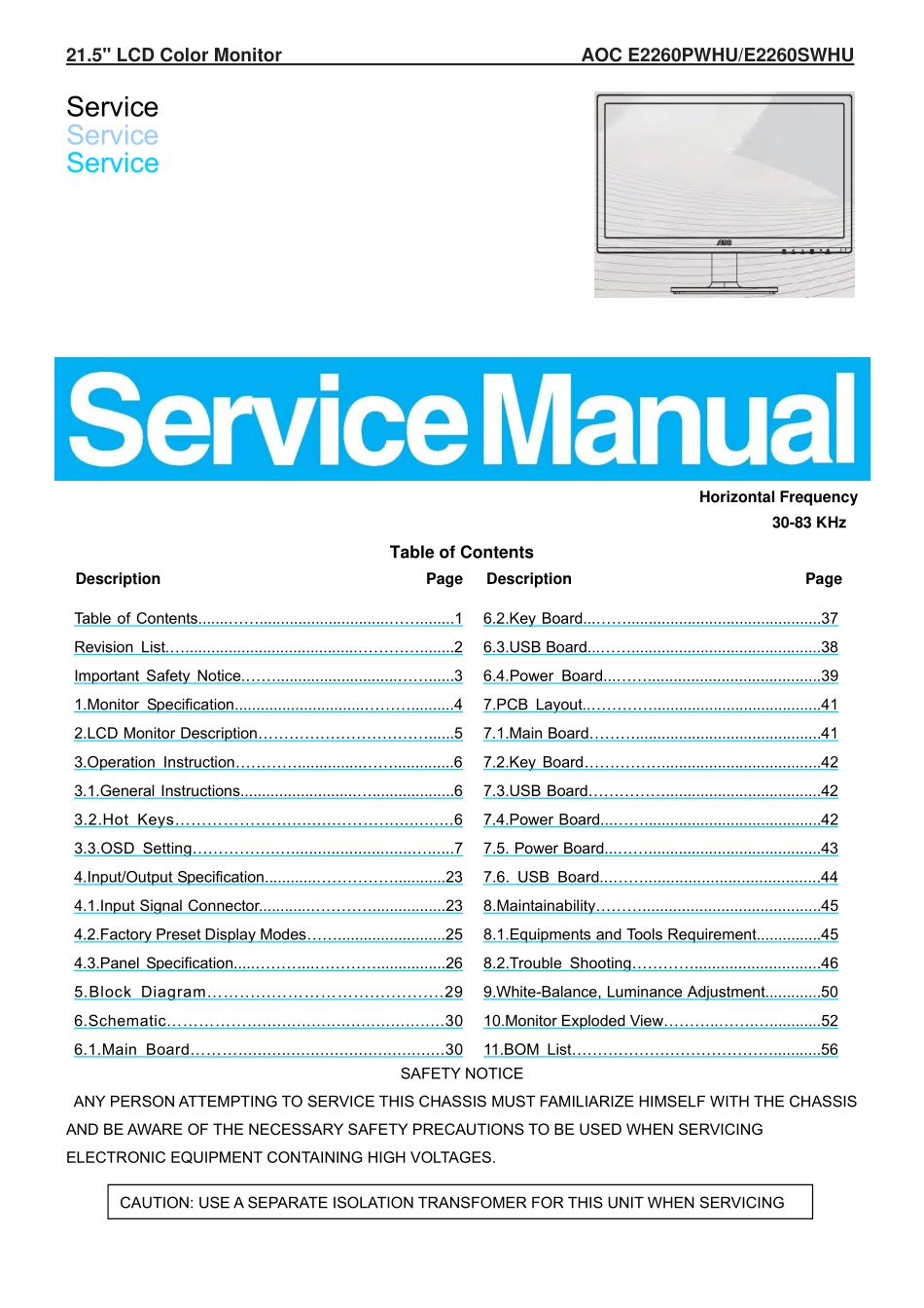 AOC冠捷E2260PWHU液晶显示器维修手册_E2260PWHU.pdf_第1页