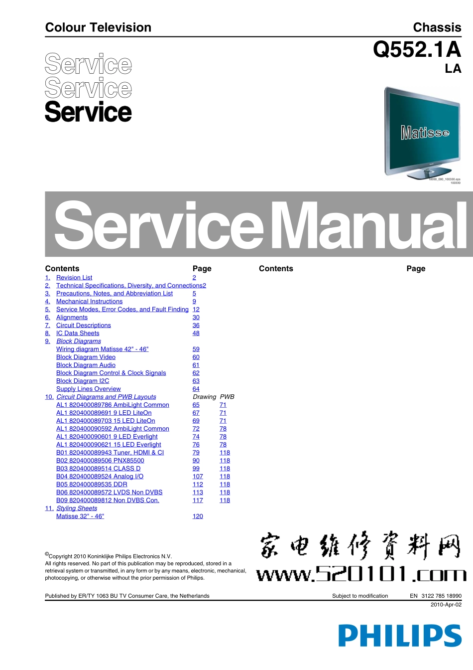 飞利浦46PFL8605D液晶电视维修手册_46PFL8605D_Q552.1A LA.pdf_第1页