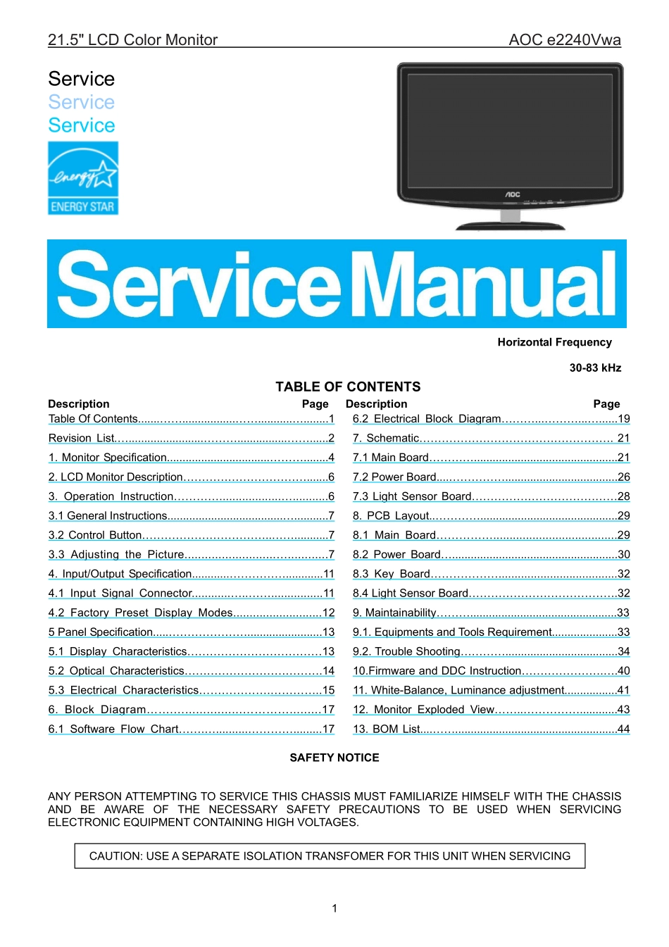 AOC冠捷e2240Vwa液晶显示器维修手册_e2240Vwa.pdf_第1页