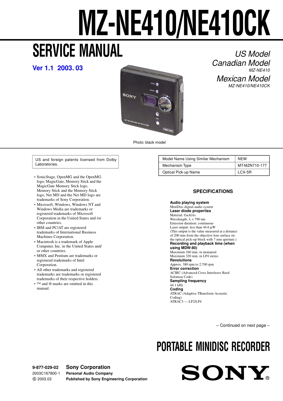 索尼MZ-NE410照相机维修手册和原理图_SONY_MZ-NE410.pdf_第1页