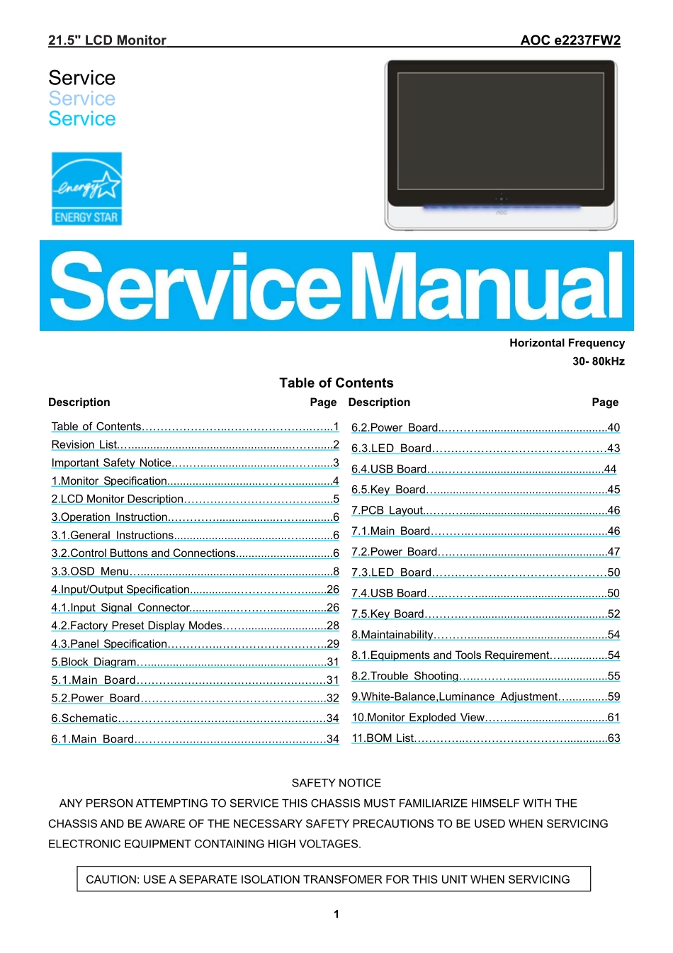 AOC冠捷e2237FW2液晶显示器维修手册_e2237FW2.pdf_第1页