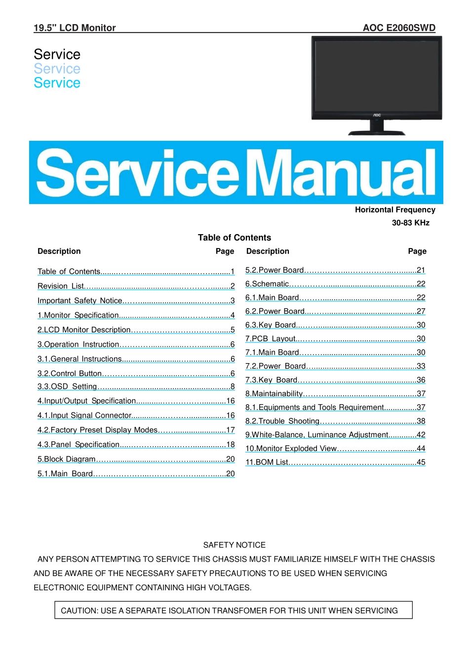 AOC冠捷E2060SWD液晶显示器维修手册_E2060SWD.pdf_第1页