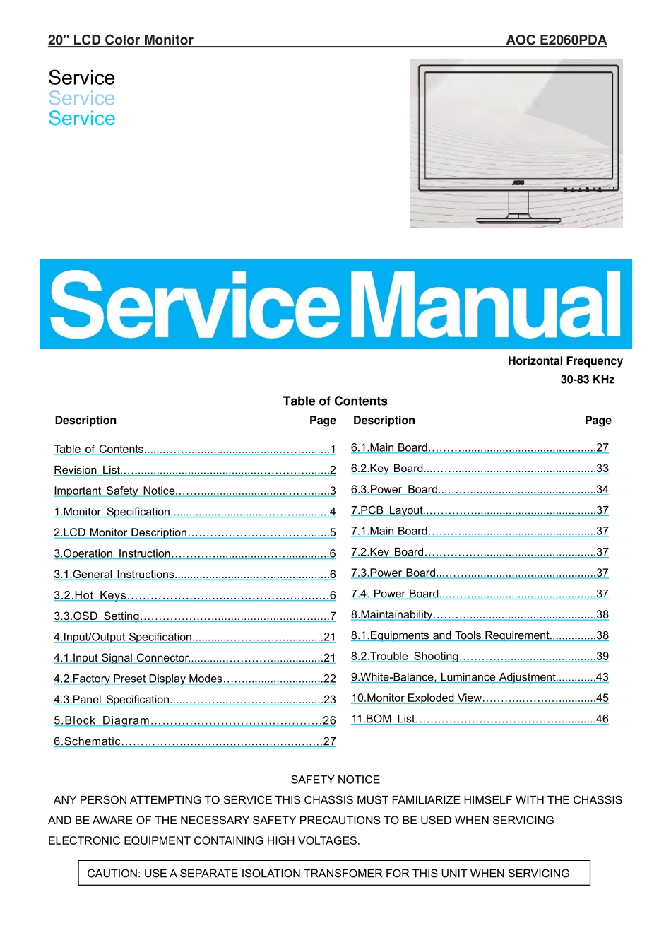 AOC冠捷E2060PDA液晶显示器维修手册_E2060PDA.pdf_第1页