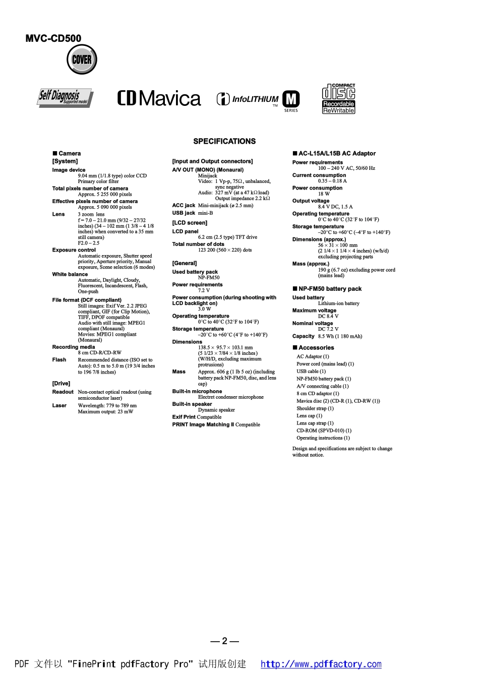 索尼MVC-CD500数码相机维修手册_SONY_MVC-CD500.pdf_第2页