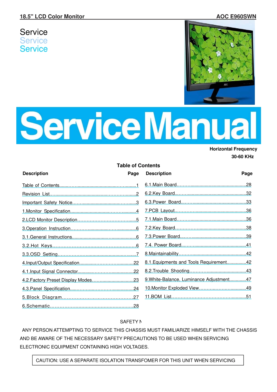 AOC冠捷E960SWN液晶显示器维修手册和图纸_E960SWN.pdf_第1页