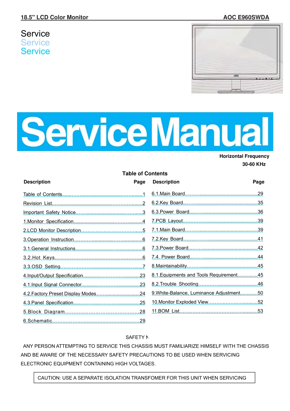 AOC冠捷E960SWDA液晶显示器维修手册和图纸_E960SWDA.pdf_第1页