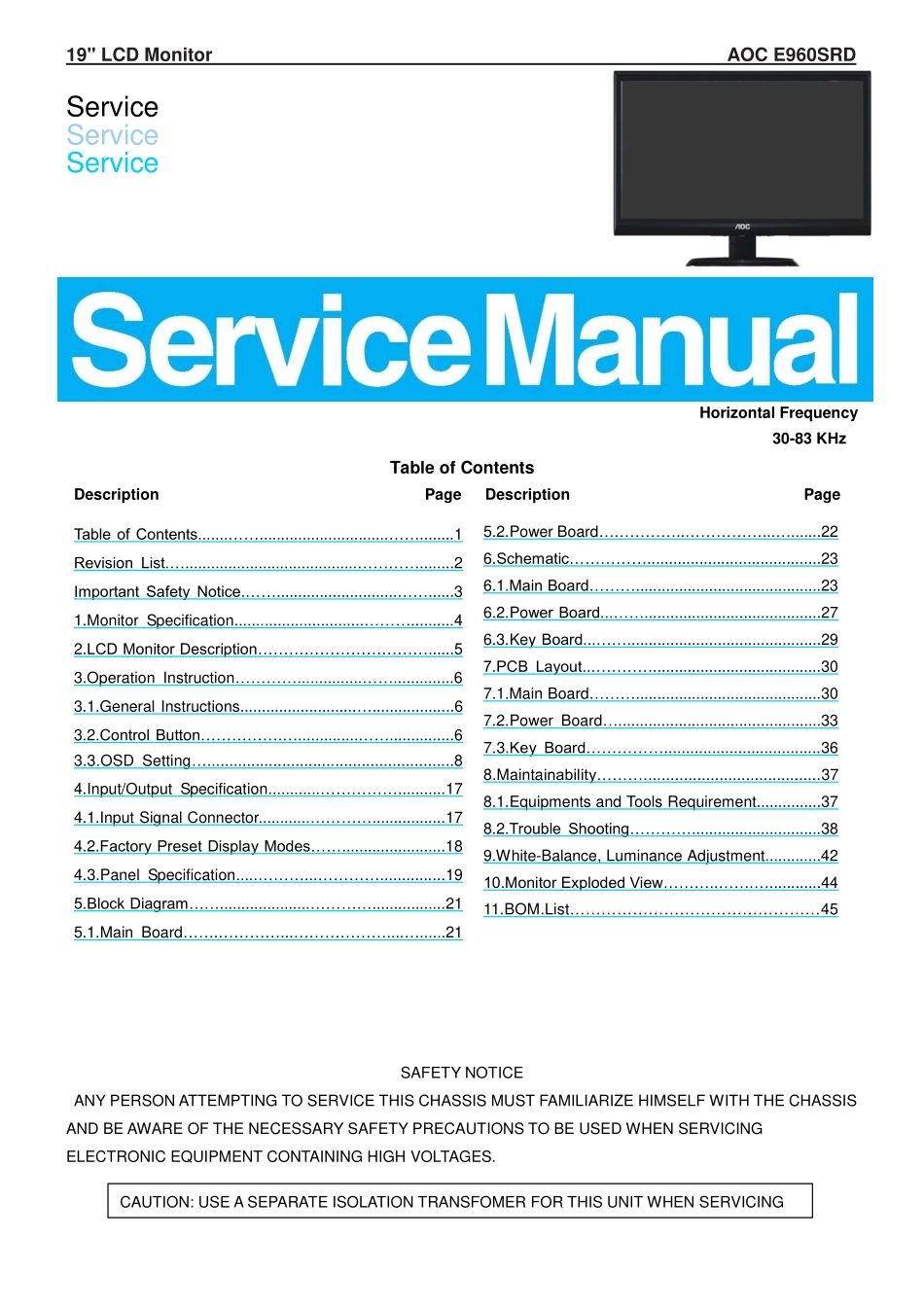 AOC冠捷E960SRD液晶显示器维修手册_E960SRD.pdf_第1页