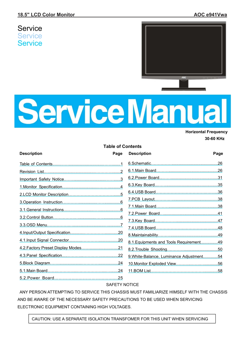 AOC冠捷e941Vwa液晶显示器维修手册_e941Vwa.pdf_第1页